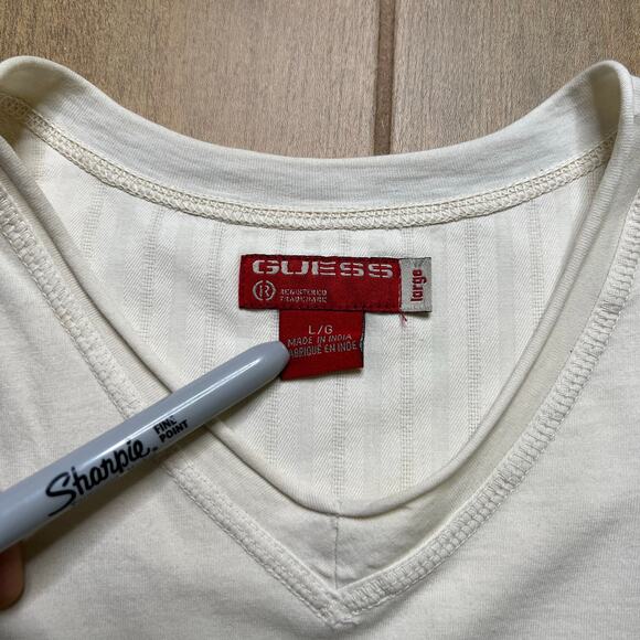 Y2K Guess Jeans Embroidered Floral V-Neck T-Shirt Cream White Men’s Large - Picture 2 of 10